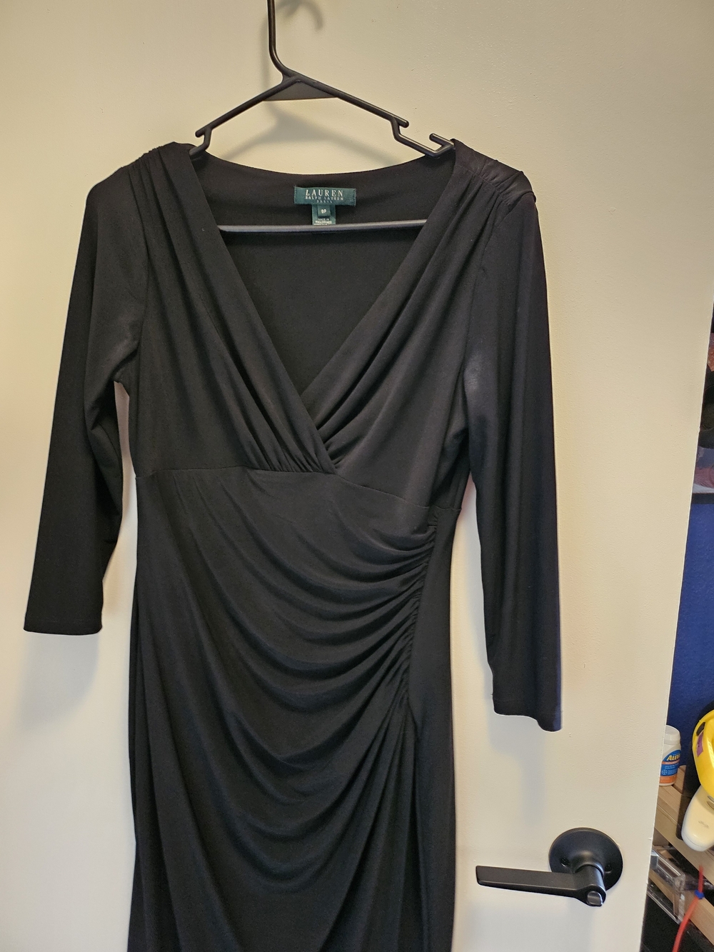 Lauren Ralph Lauren Black V-Neck Ruched Sleeve Dress